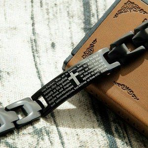 LORDS PRAYER BLACK STAINLESS STEEL BRACELET.